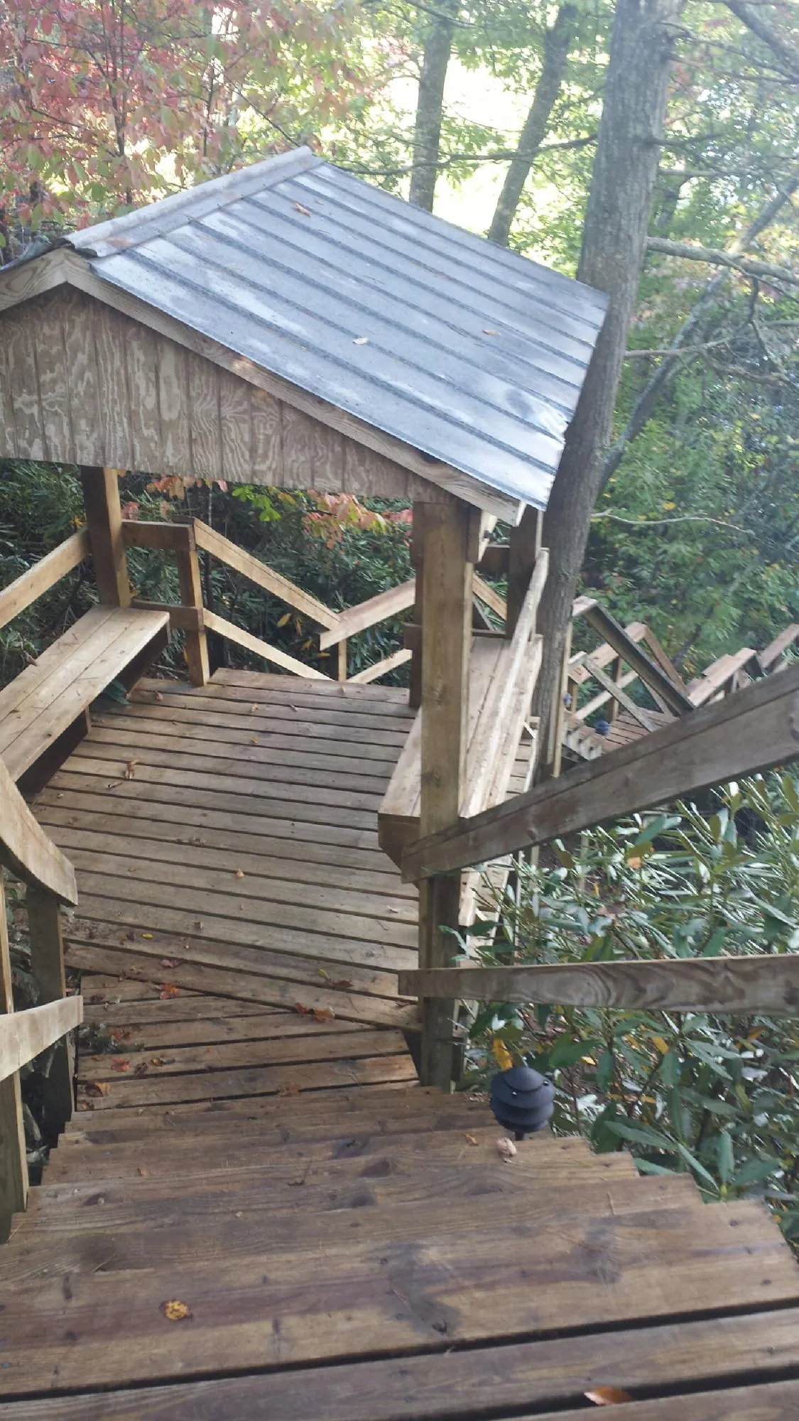 Metal roofed shelter over wooden steps on a wooded walkway — Skylight Repair & Installation work by our crew in Paisley